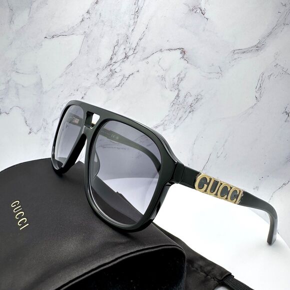 New GUCCI Sunglasses Black Acetate Pilot Aviator 58mm Navigator Gold Metal Logo - Picture 12 of 16